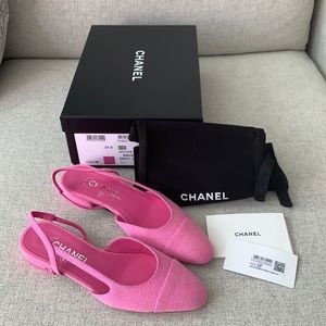 Brand new Chanel slingback flats neon pink denim